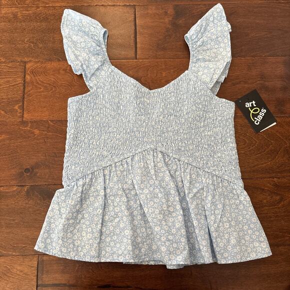 Art Class Girls S 6/7 Smocked Woven Blouse Top Blue Floral Sleeveless Flowy NEW - Picture 1 of 5